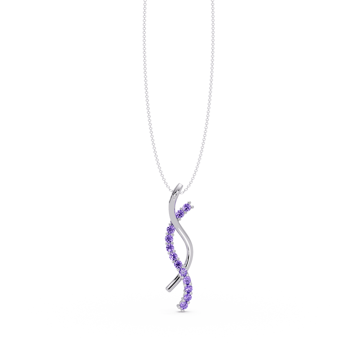 0.3 CTW Round Pavé S-Curve Colorstone Pendant Necklace — Amethyst Lavender — 14K White Gold