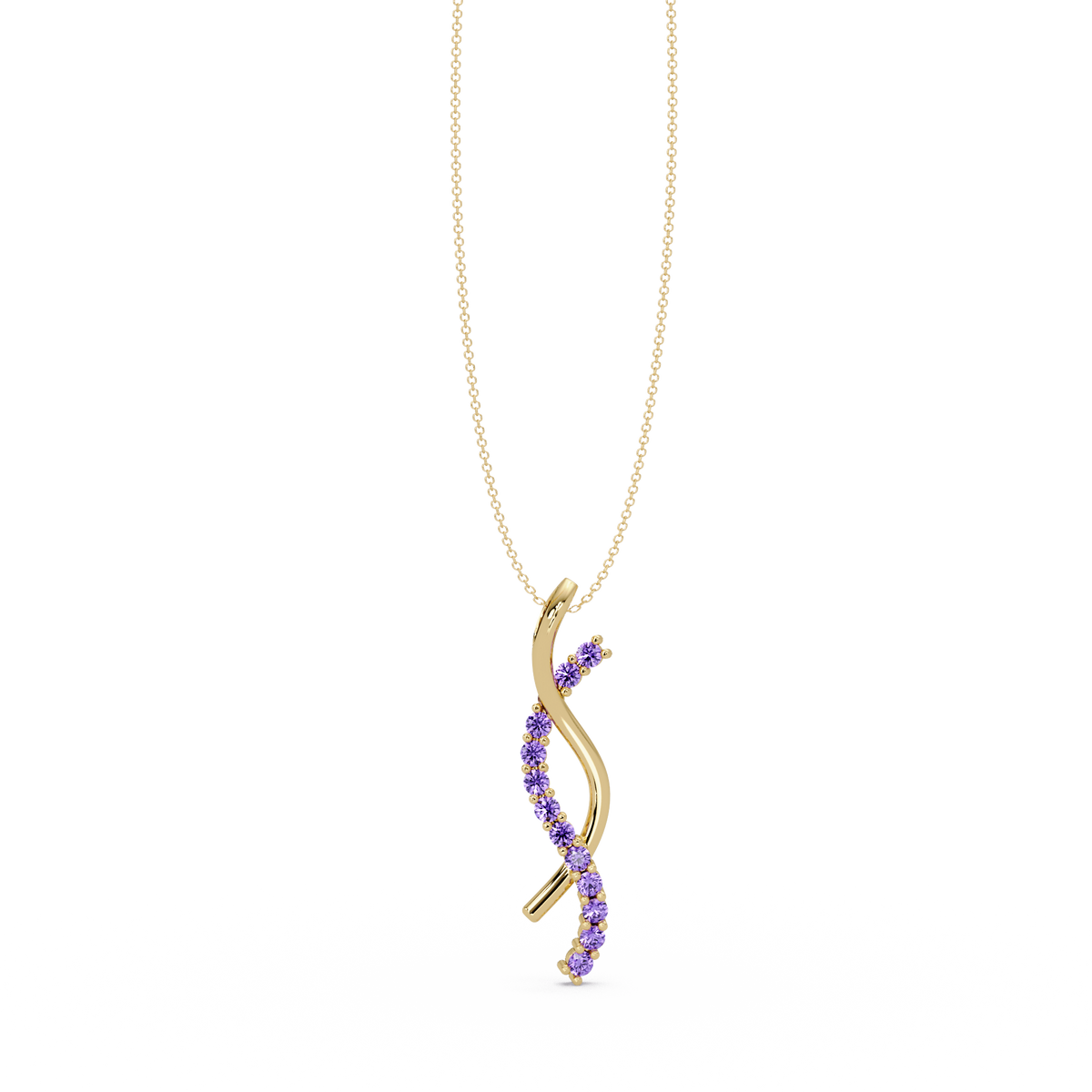 0.3 CTW Round Pavé S-Curve Colorstone Pendant Necklace — Amethyst Lavender — 14K Yellow Gold