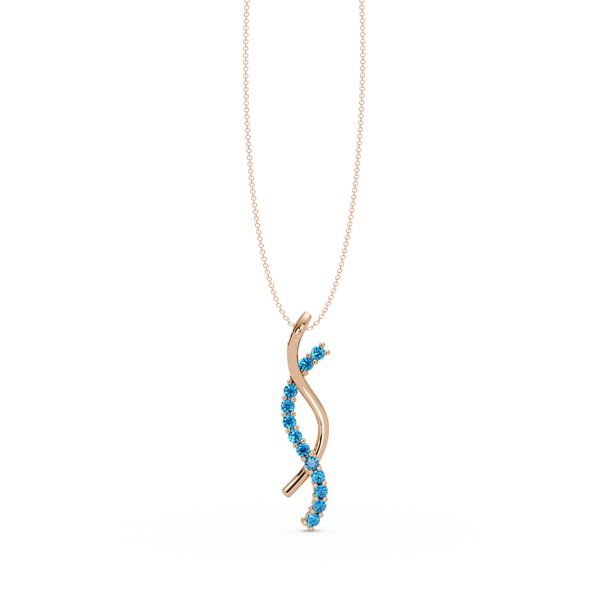 0.3 CTW Round Pavé S-Curve Colorstone Pendant Necklace — Aquamarine Sky Blue — 14K Rose Gold