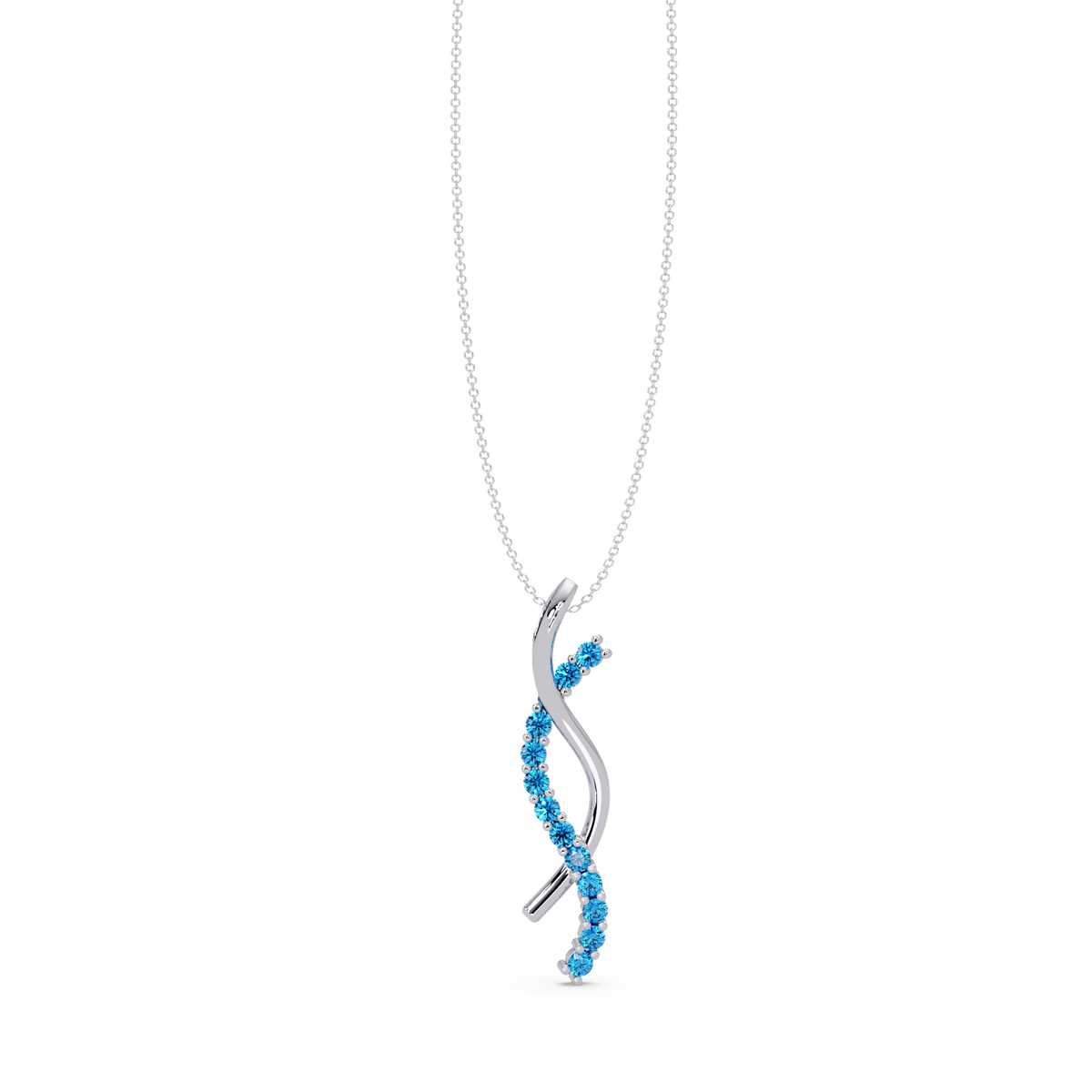 0.3 CTW Round Pavé S-Curve Colorstone Pendant Necklace — Aquamarine Sky Blue — 14K White Gold