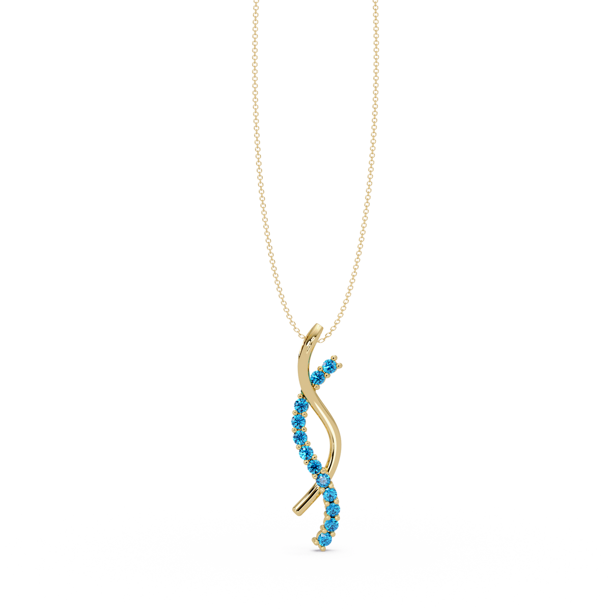 0.3 CTW Round Pavé S-Curve Colorstone Pendant Necklace — Aquamarine Sky Blue — 14K Yellow Gold