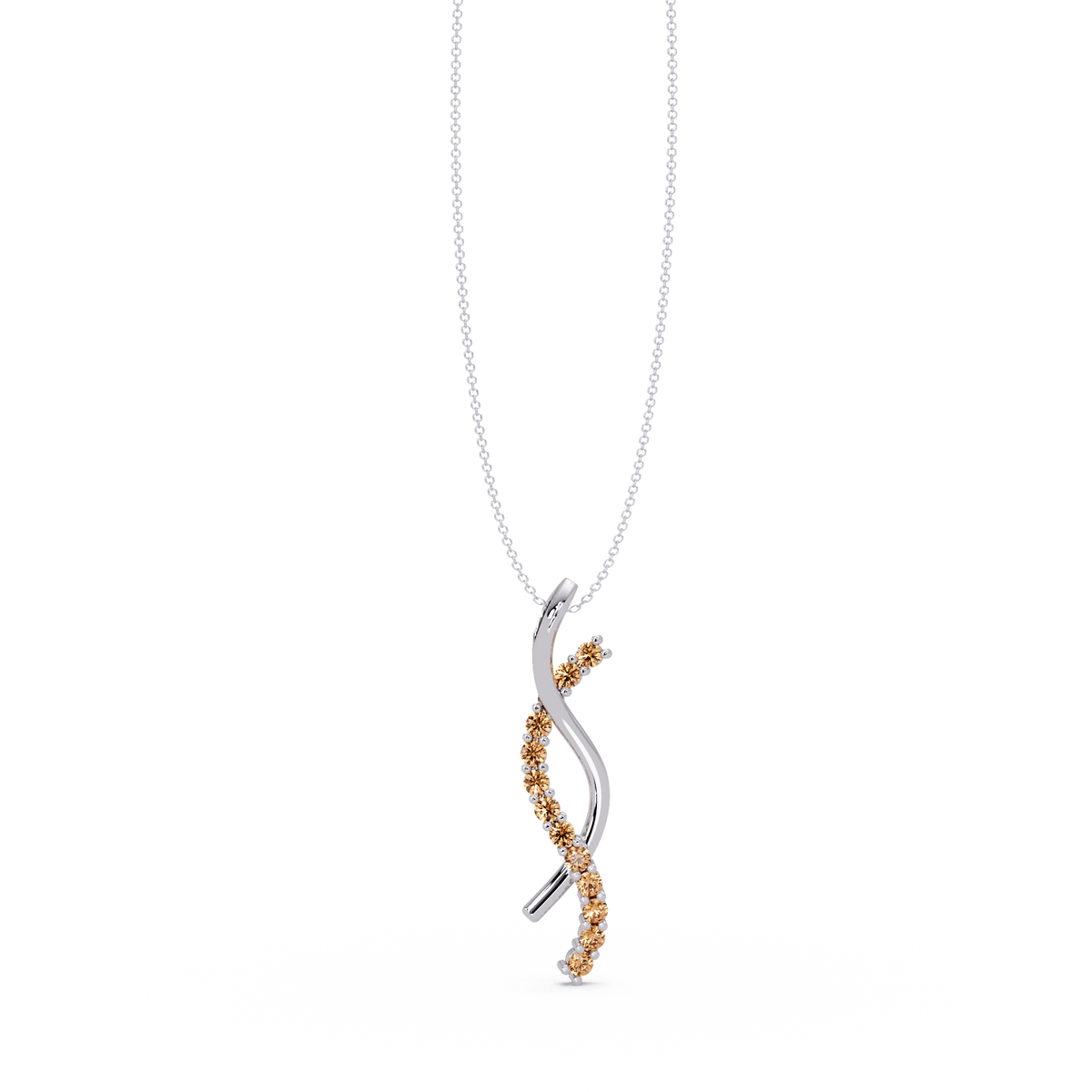 0.3 CTW Round Pavé S-Curve Colorstone Pendant Necklace — Champagne Topaz Amber — 14K White Gold