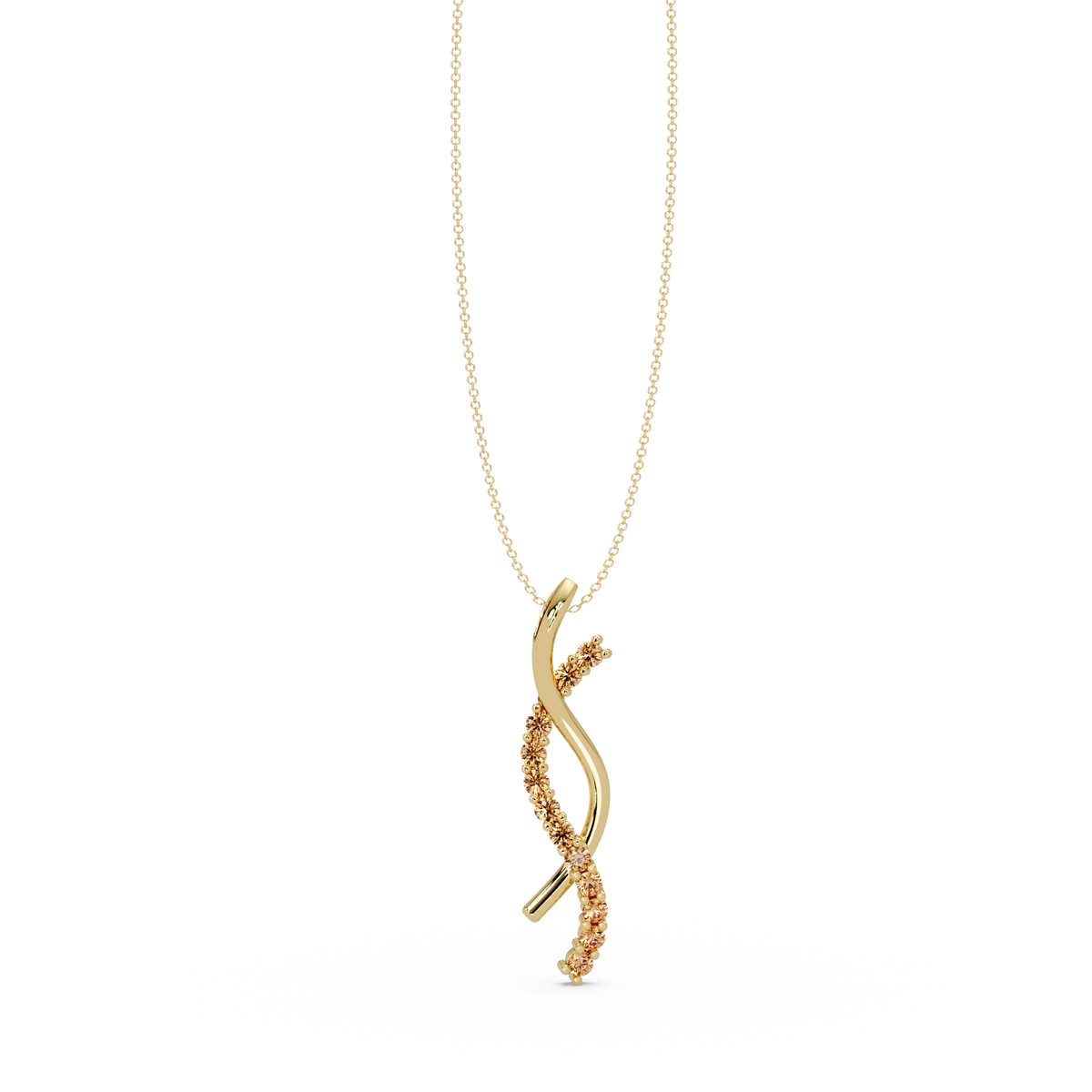 0.3 CTW Round Pavé S-Curve Colorstone Pendant Necklace — Champagne Topaz Amber — 14K Yellow Gold