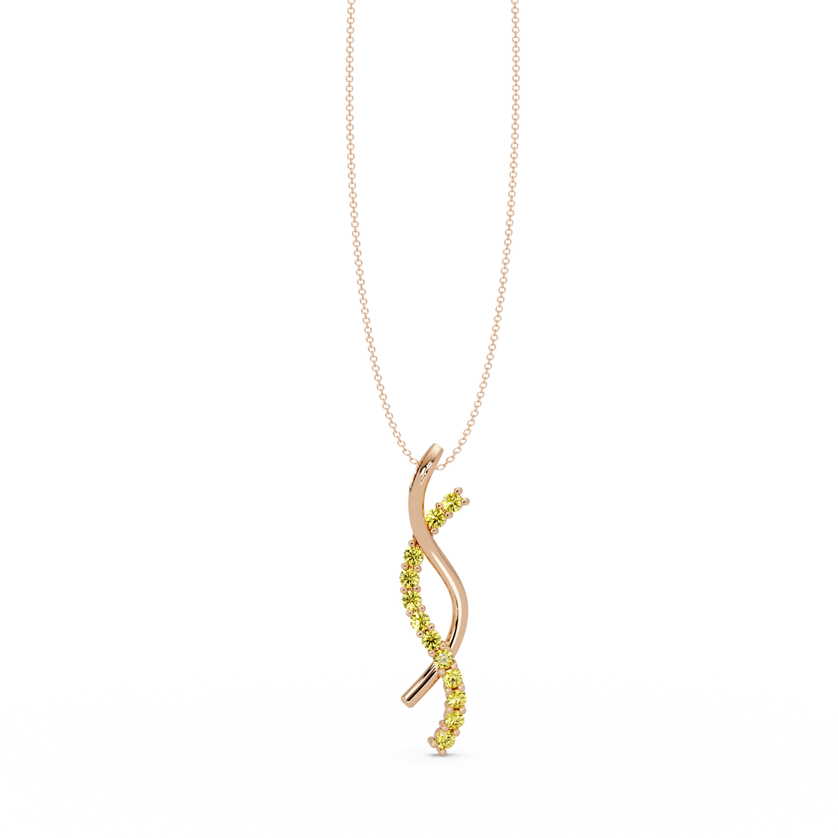 0.3 CTW Round Pavé S-Curve Colorstone Pendant Necklace — Citrine Lemon Yellow — 14K Rose Gold