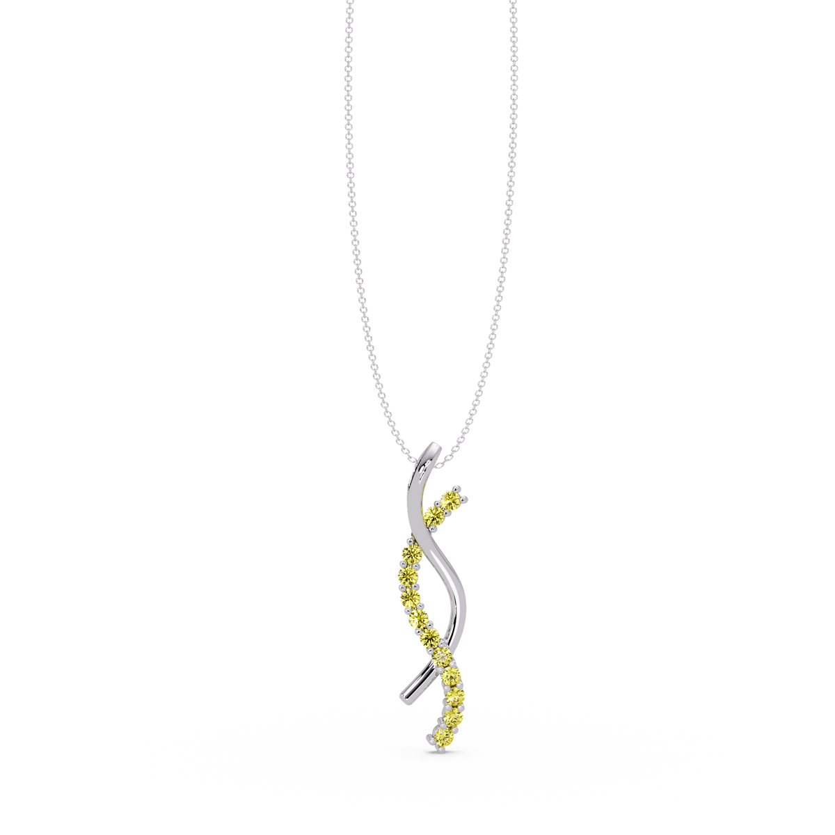0.3 CTW Round Pavé S-Curve Colorstone Pendant Necklace — Citrine Lemon Yellow — 14K White Gold