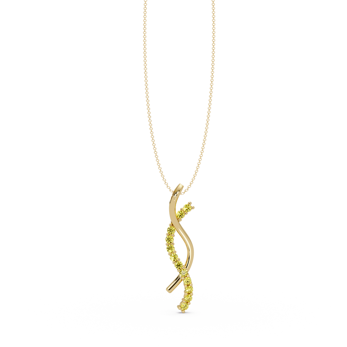 0.3 CTW Round Pavé S-Curve Colorstone Pendant Necklace — Citrine Lemon Yellow — 14K Yellow Gold