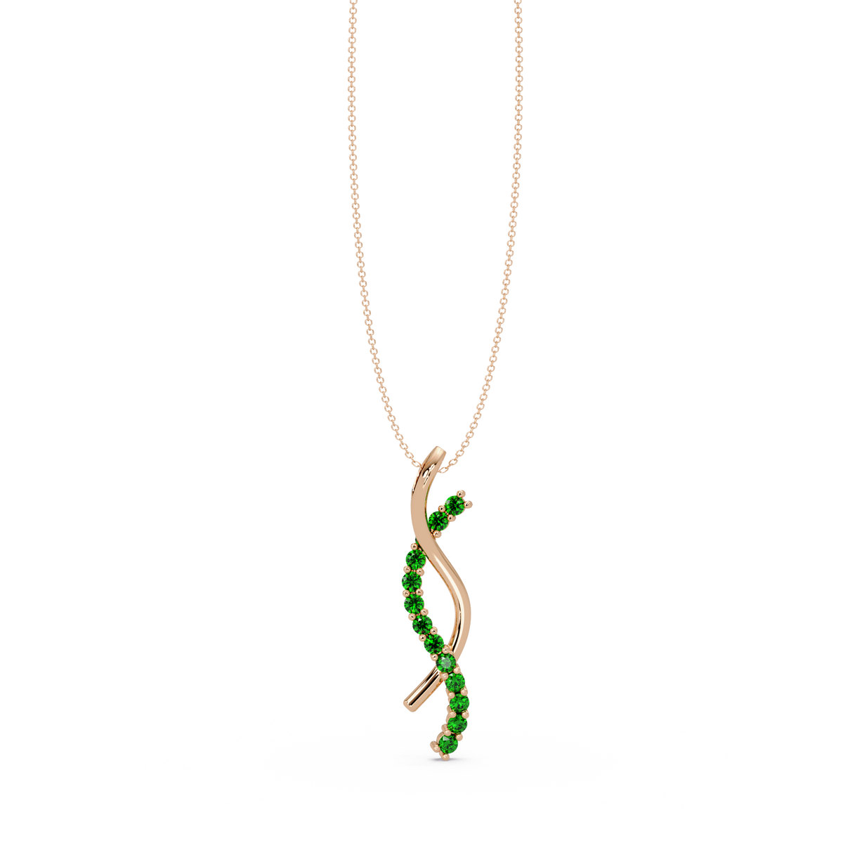 0.3 CTW Round Pavé S-Curve Colorstone Pendant Necklace — Emerald Deep Green — 14K Rose Gold