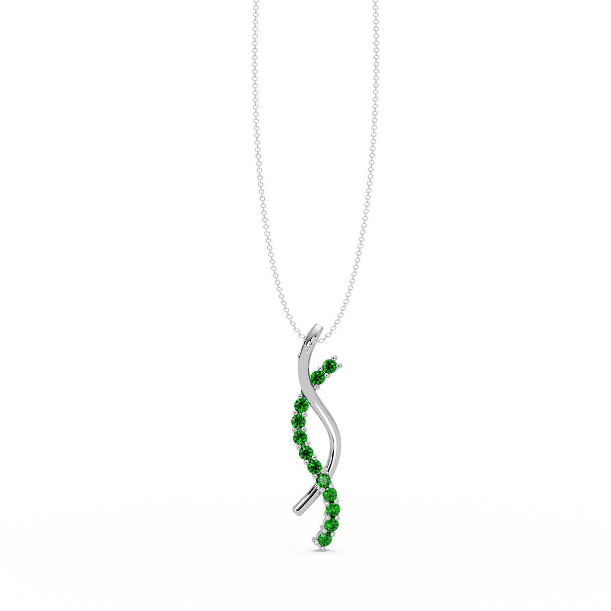 0.3 CTW Round Pavé S-Curve Colorstone Pendant Necklace — Emerald Deep Green — 14K White Gold