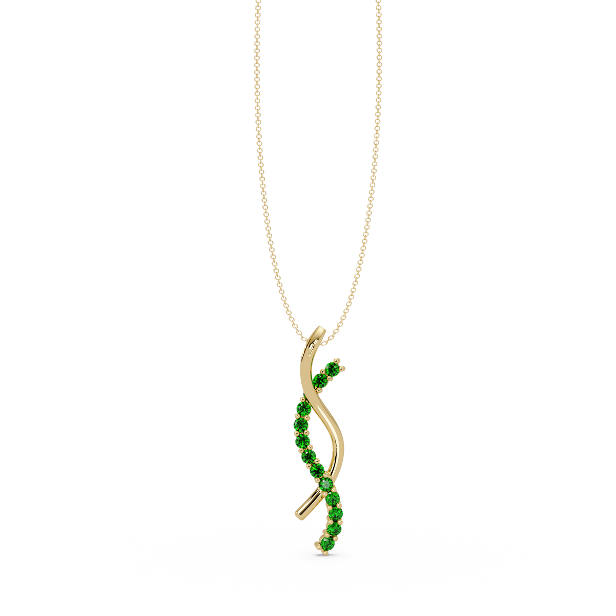 0.3 CTW Round Pavé S-Curve Colorstone Pendant Necklace — Emerald Deep Green — 14K Yellow Gold