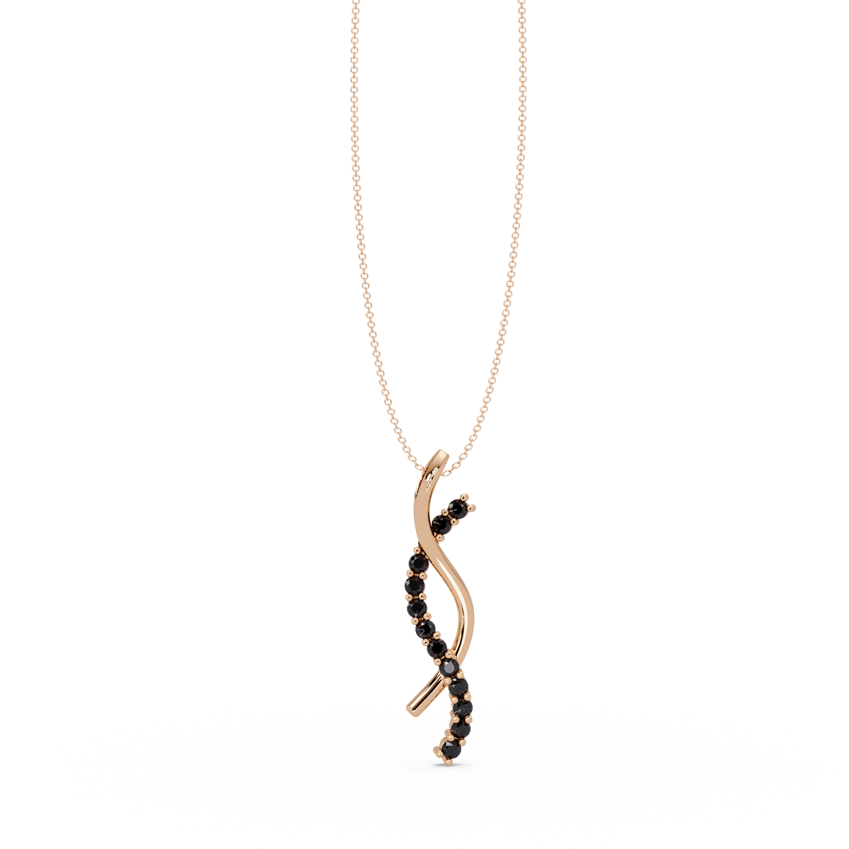 0.3 CTW Round Pavé S-Curve Colorstone Pendant Necklace — Onyx Black — 14K Rose Gold
