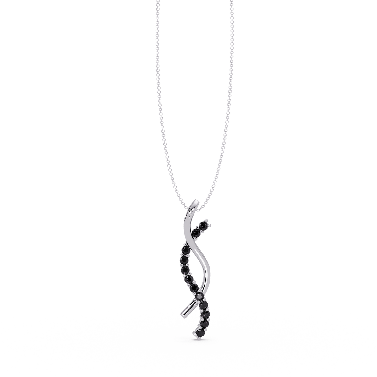 0.3 CTW Round Pavé S-Curve Colorstone Pendant Necklace — Onyx Black — 14K White Gold