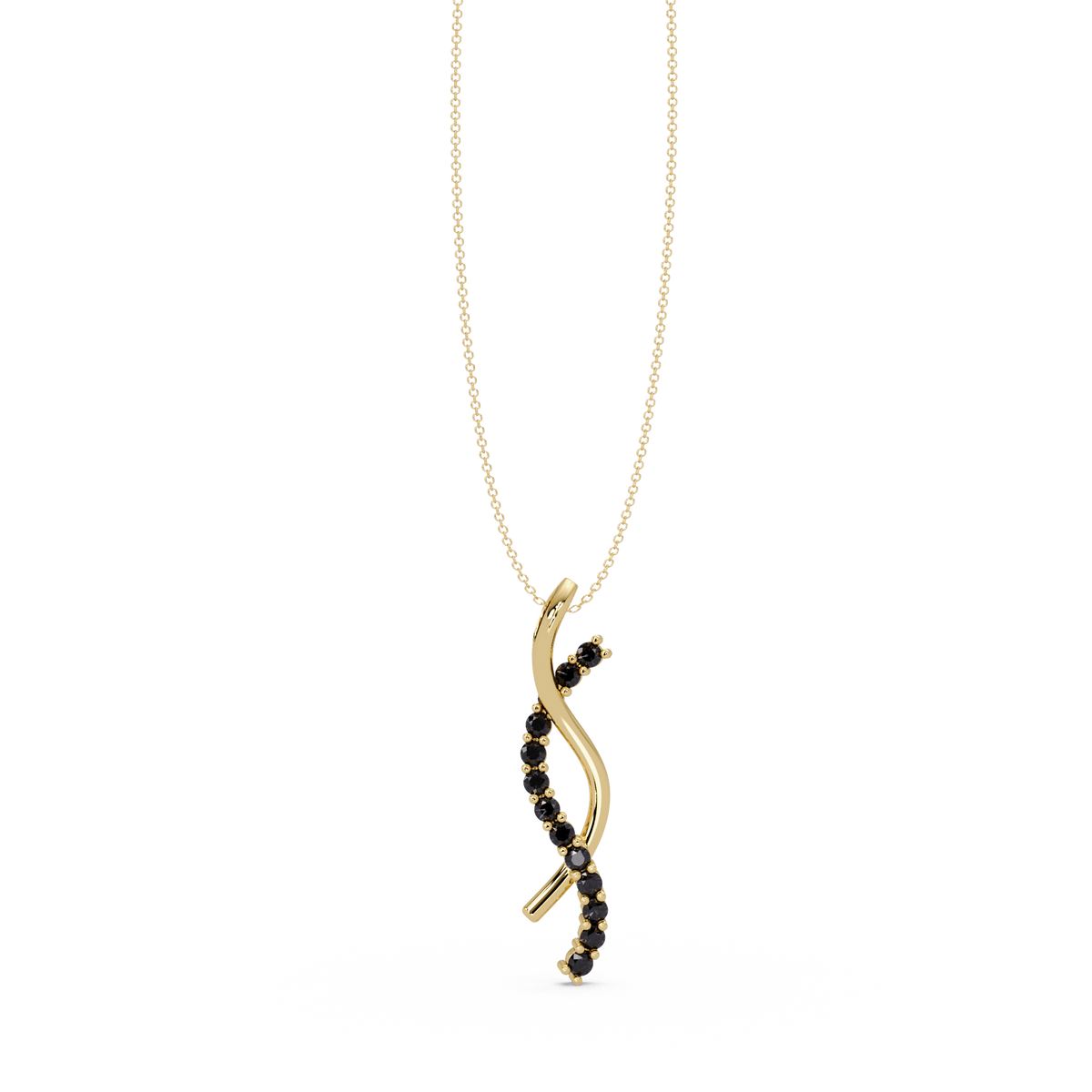 0.3 CTW Round Pavé S-Curve Colorstone Pendant Necklace — Onyx Black — 14K Yellow Gold