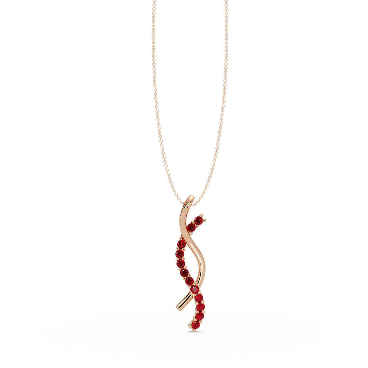 0.3 CTW Round Pavé S-Curve Colorstone Pendant Necklace — Ruby Deep Red — 14K Rose Gold