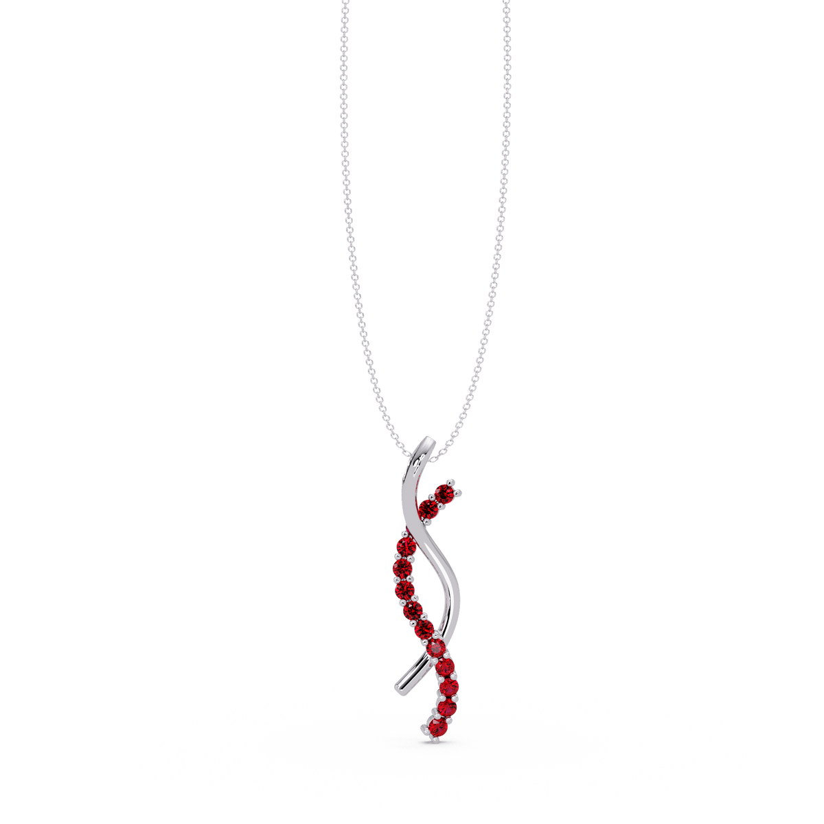 0.3 CTW Round Pavé S-Curve Colorstone Pendant Necklace — Ruby Deep Red — 14K White Gold