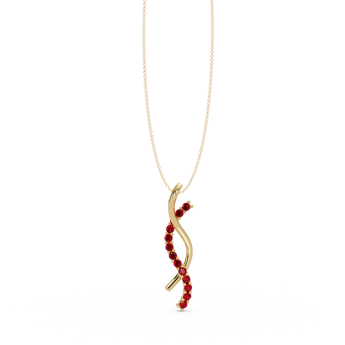0.3 CTW Round Pavé S-Curve Colorstone Pendant Necklace — Ruby Deep Red — 14K Yellow Gold