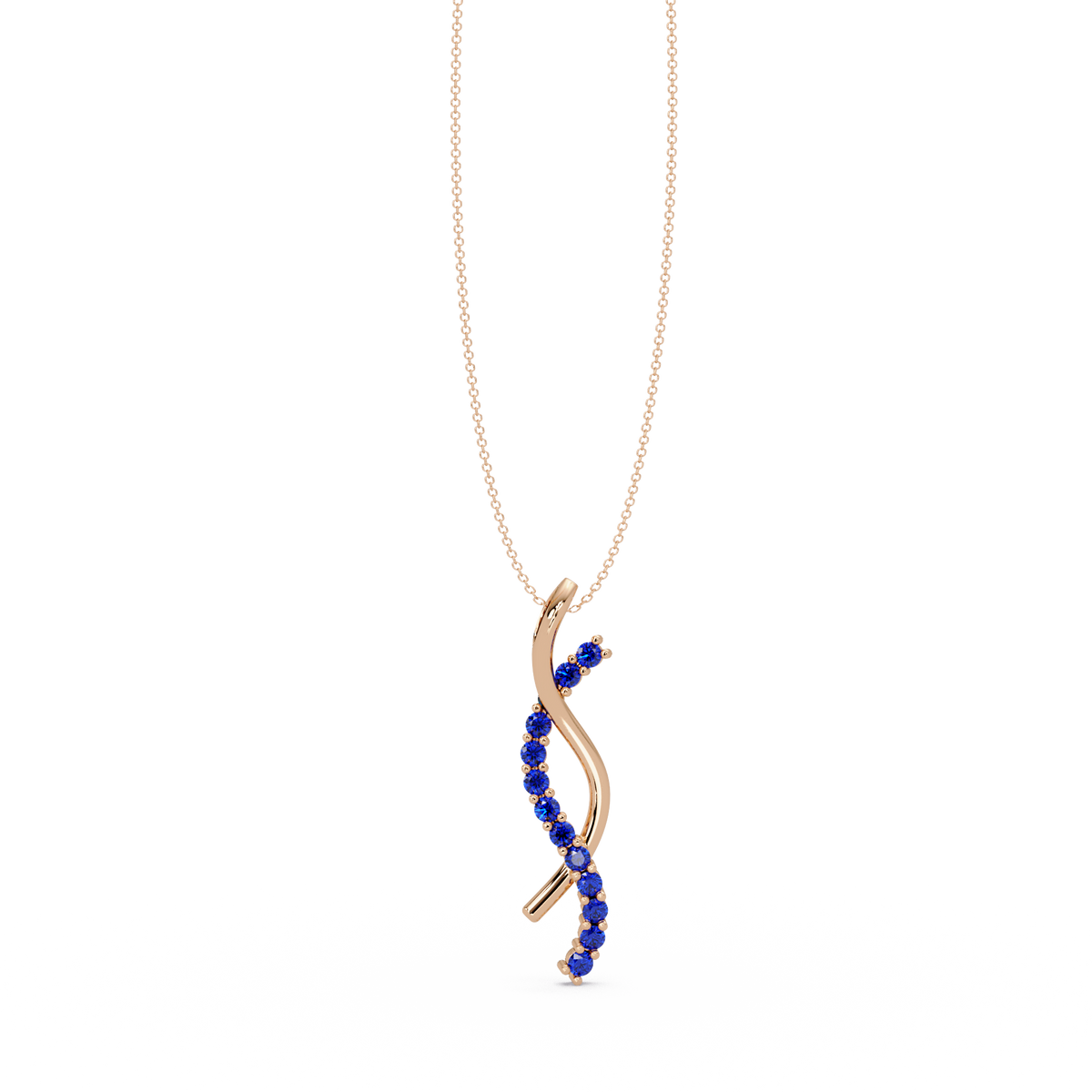0.3 CTW Round Pavé S-Curve Colorstone Pendant Necklace — Sapphire Royal Blue — 14K Rose Gold