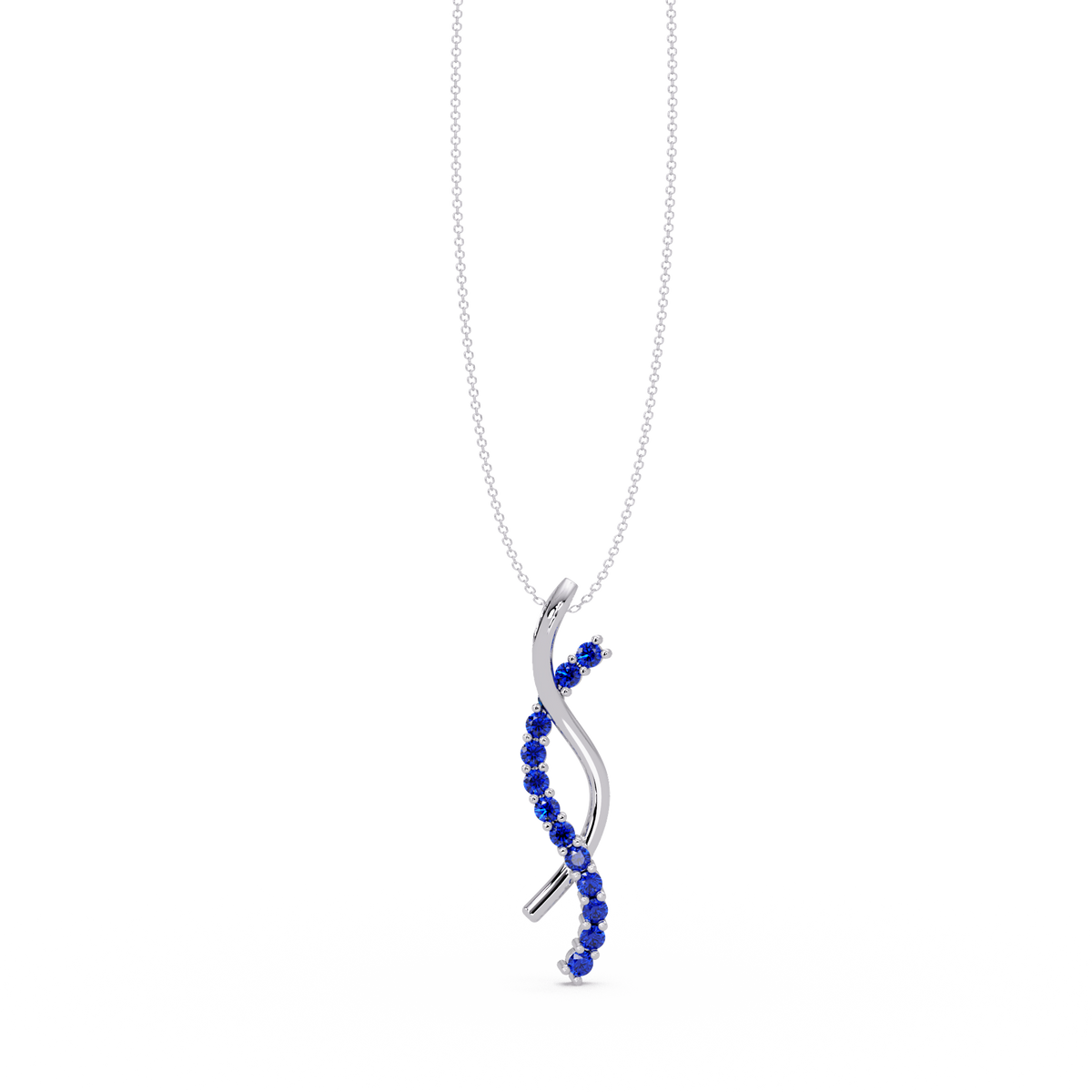 0.3 CTW Round Pavé S-Curve Colorstone Pendant Necklace — Sapphire Royal Blue — 14K White Gold