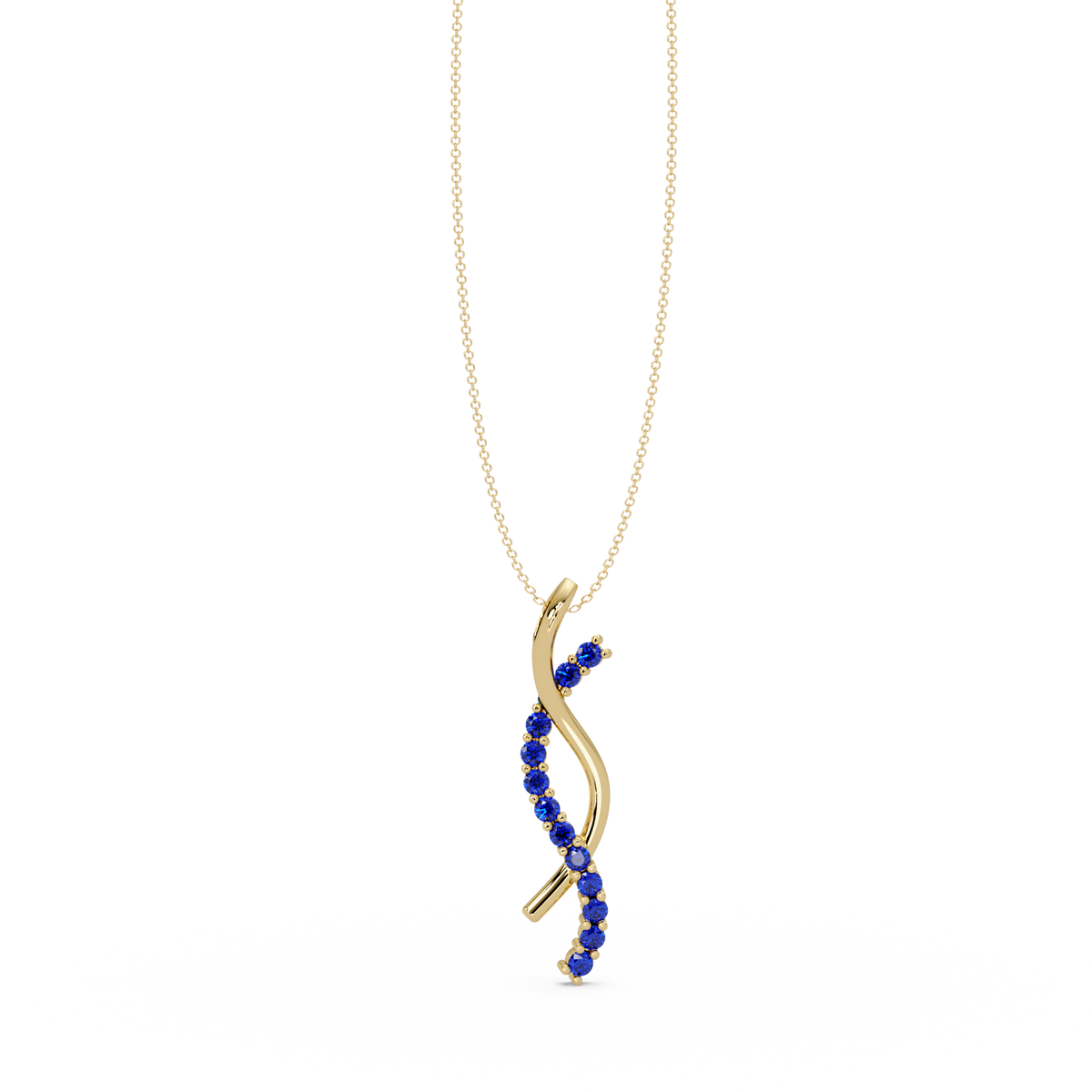 0.3 CTW Round Pavé S-Curve Colorstone Pendant Necklace — Sapphire Royal Blue — 14K Yellow Gold
