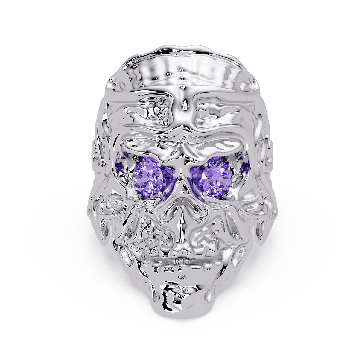 0.5 CTW Skull Colorstone Signet Ring – Amethyst Purple, 14K White Gold