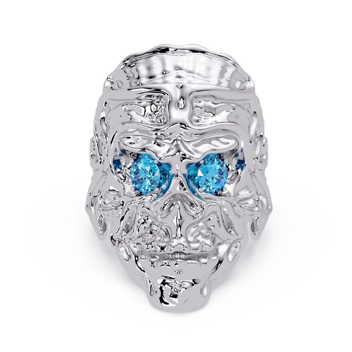 0.5 CTW Skull Colorstone Signet Ring – Aquamarine Blue, 14K White Gold