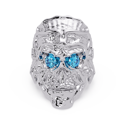 0.5 CTW Skull Colorstone Signet Ring – Aquamarine Blue, 14K White Gold