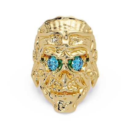 0.5 CTW Skull Colorstone Signet Ring – Aquamarine Blue, 14K Yellow Gold