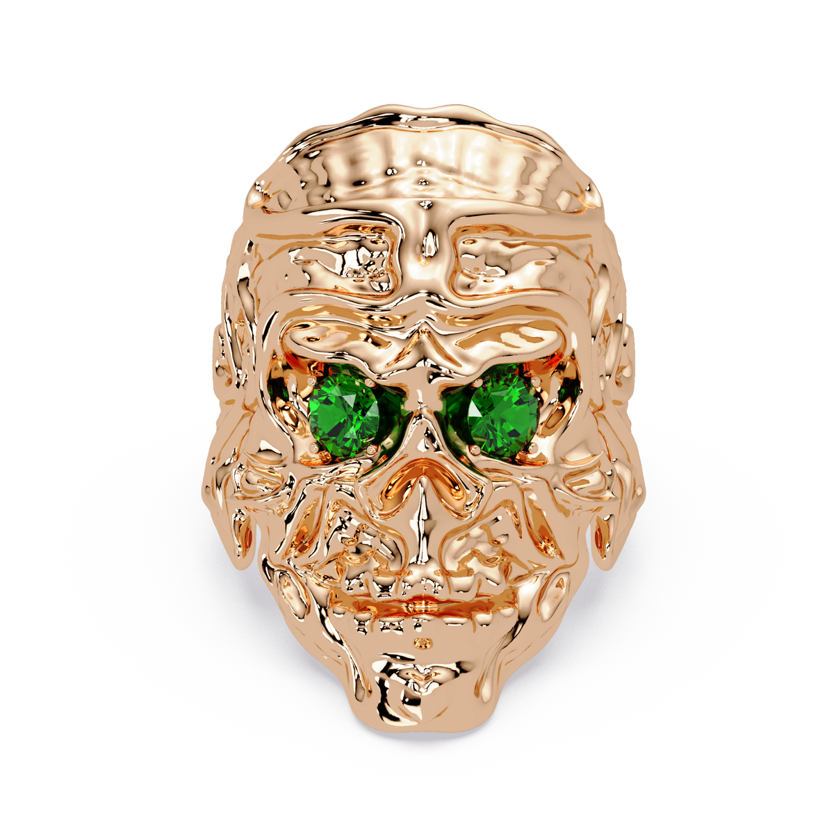 0.5 CTW Skull Colorstone Signet Ring – Emerald Green, 14K Rose Gold
