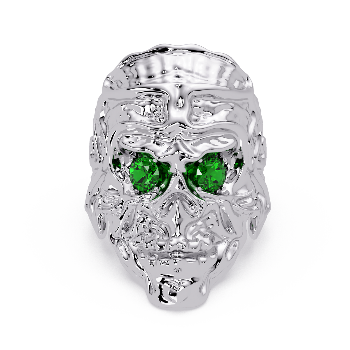 0.5 CTW Skull Colorstone Signet Ring – Emerald Green, 14K White Gold