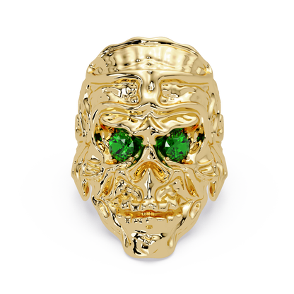 0.5 CTW Skull Colorstone Signet Ring – Emerald Green, 14K Yellow Gold