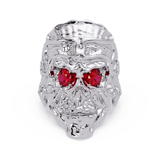 0.5 CTW Skull Colorstone Signet Ring – Ruby Red, 14K White Gold