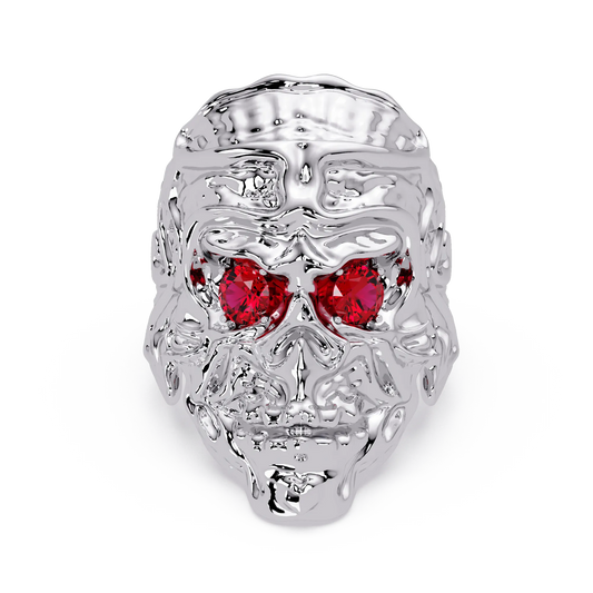 0.5 CTW Skull Colorstone Signet Ring – Ruby Red, 14K White Gold