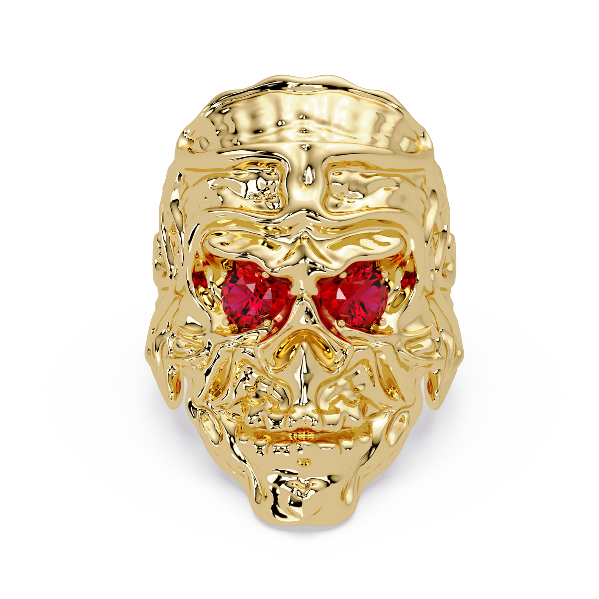 0.5 CTW Skull Colorstone Signet Ring – Ruby Red, 14K Yellow Gold