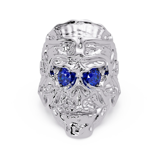 0.5 CTW Skull Colorstone Signet Ring – Sapphire Blue, 14K White Gold