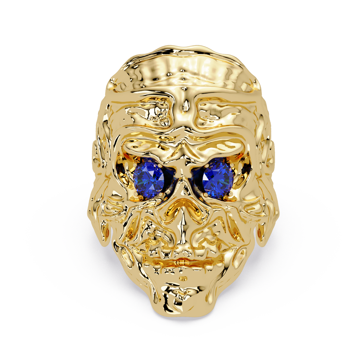 0.5 CTW Skull Colorstone Signet Ring – Sapphire Blue, 14K Yellow Gold