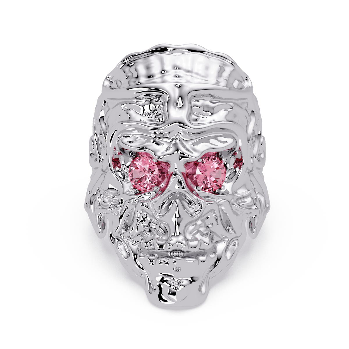 0.5 CTW Skull Colorstone Signet Ring – Tourmaline Pink, 14K White Gold
