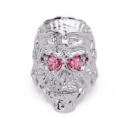 0.5 CTW Skull Colorstone Signet Ring – Tourmaline Pink, 14K White Gold