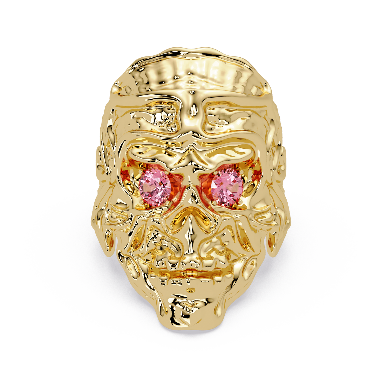 0.5 CTW Skull Colorstone Signet Ring – Tourmaline Pink, 14K Yellow Gold