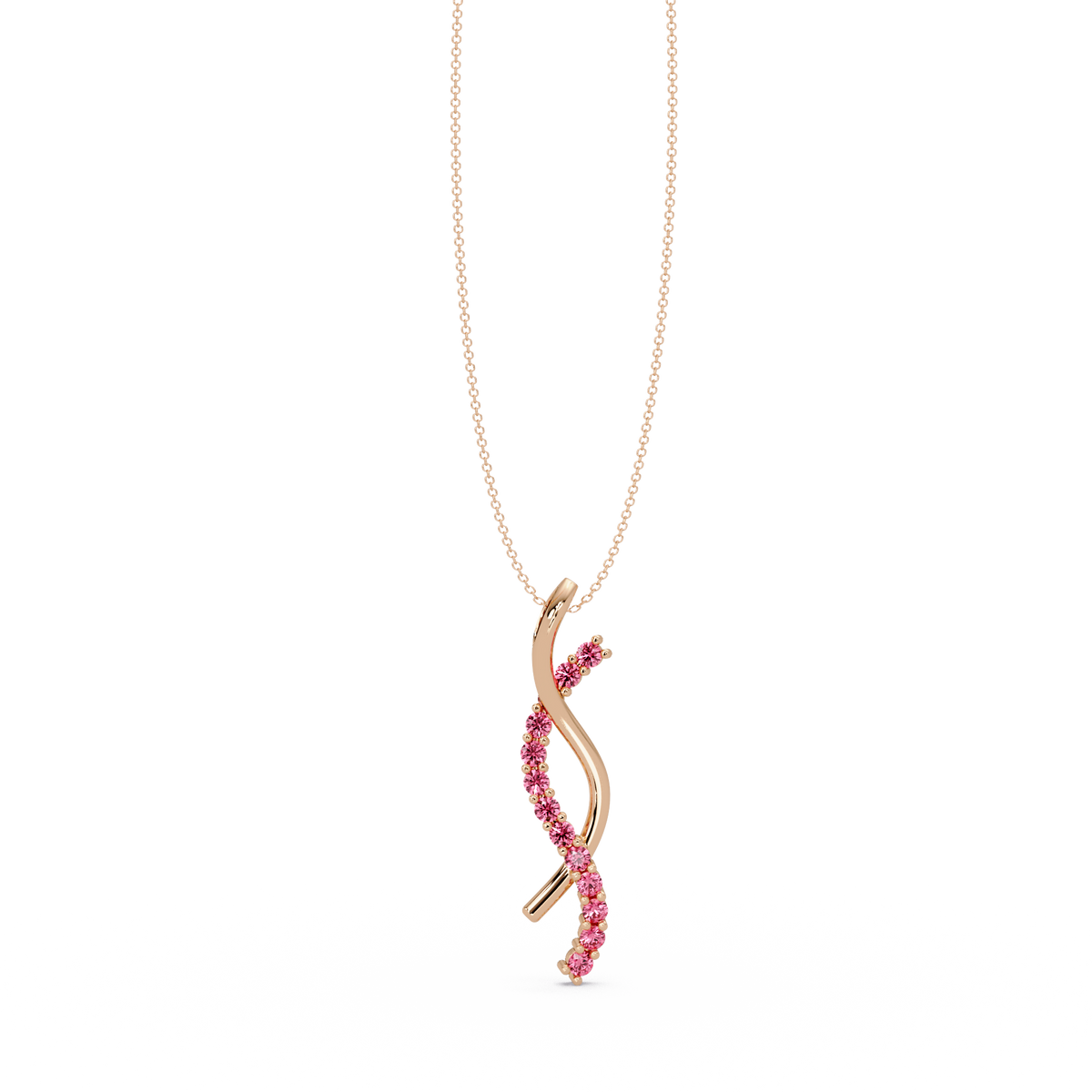 0.3 CTW Round Pavé S-Curve Colorstone Pendant Necklace — Tourmaline Rose Pink — 14K Rose Gold