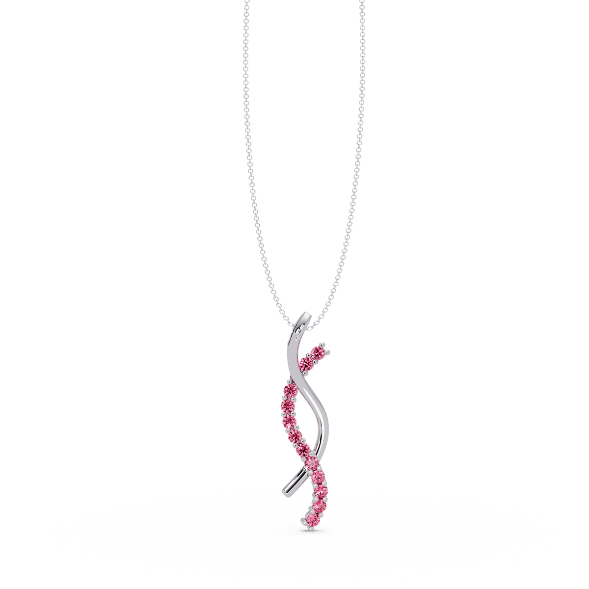0.3 CTW Round Pavé S-Curve Colorstone Pendant Necklace — Tourmaline Rose Pink — 14K White Gold