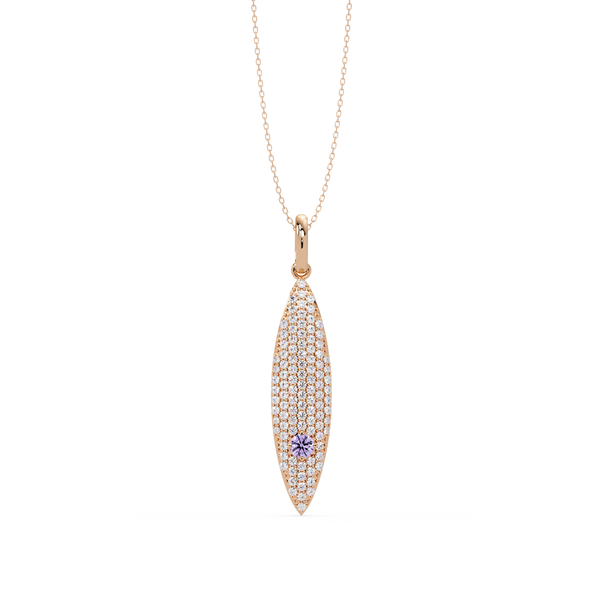 0.8 CTW Round Pavé Marquise Leaf Colorstone Pendant Necklace — Amethyst Lavender — 14K Rose Gold
