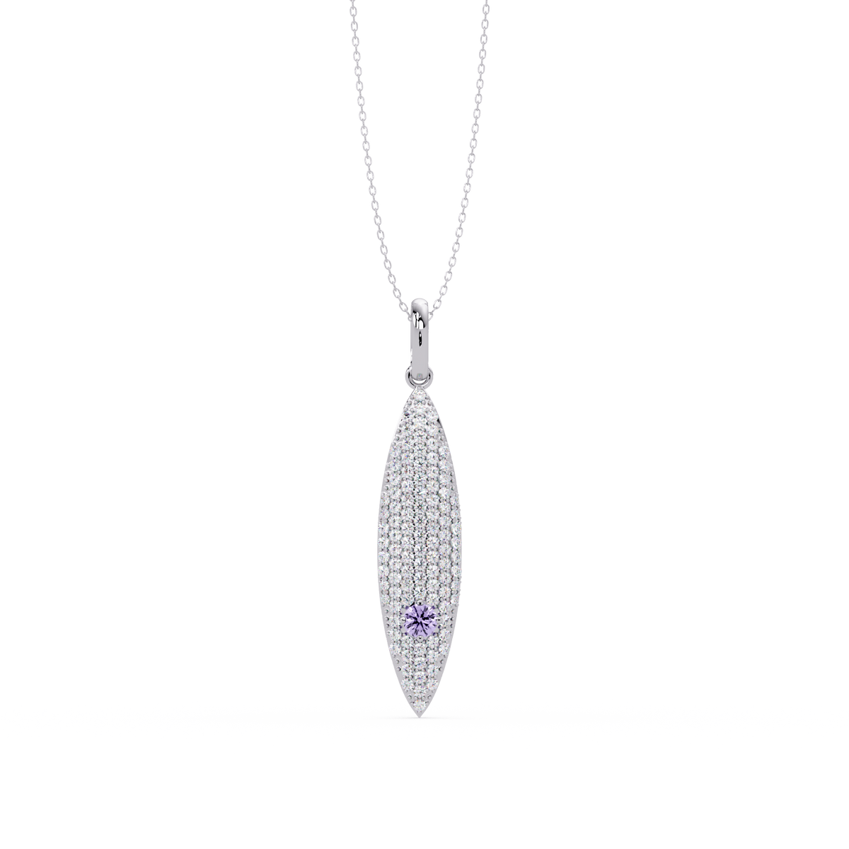 0.8 CTW Round Pavé Marquise Leaf Colorstone Pendant Necklace — Amethyst Lavender — 14K White Gold