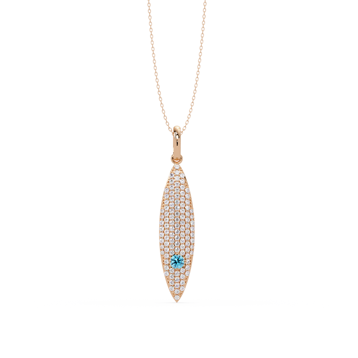 0.8 CTW Round Pavé Marquise Leaf Colorstone Pendant Necklace — Aquamarine Sky Blue — 14K Rose Gold