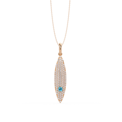0.8 CTW Round Pavé Marquise Leaf Colorstone Pendant Necklace — Aquamarine Sky Blue — 14K Rose Gold