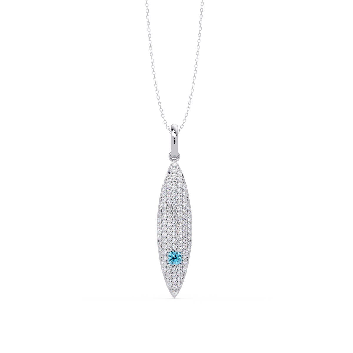 0.8 CTW Round Pavé Marquise Leaf Colorstone Pendant Necklace — Aquamarine Sky Blue — 14K White Gold