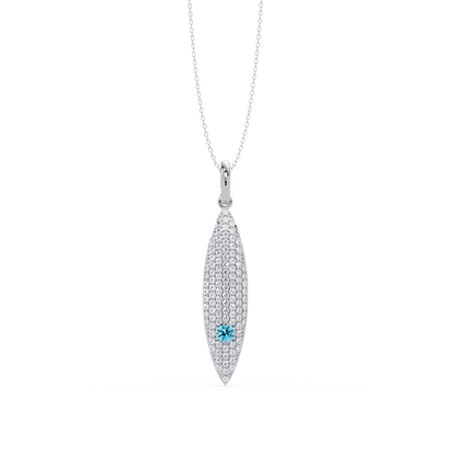 0.8 CTW Round Pavé Marquise Leaf Colorstone Pendant Necklace — Aquamarine Sky Blue — 14K White Gold