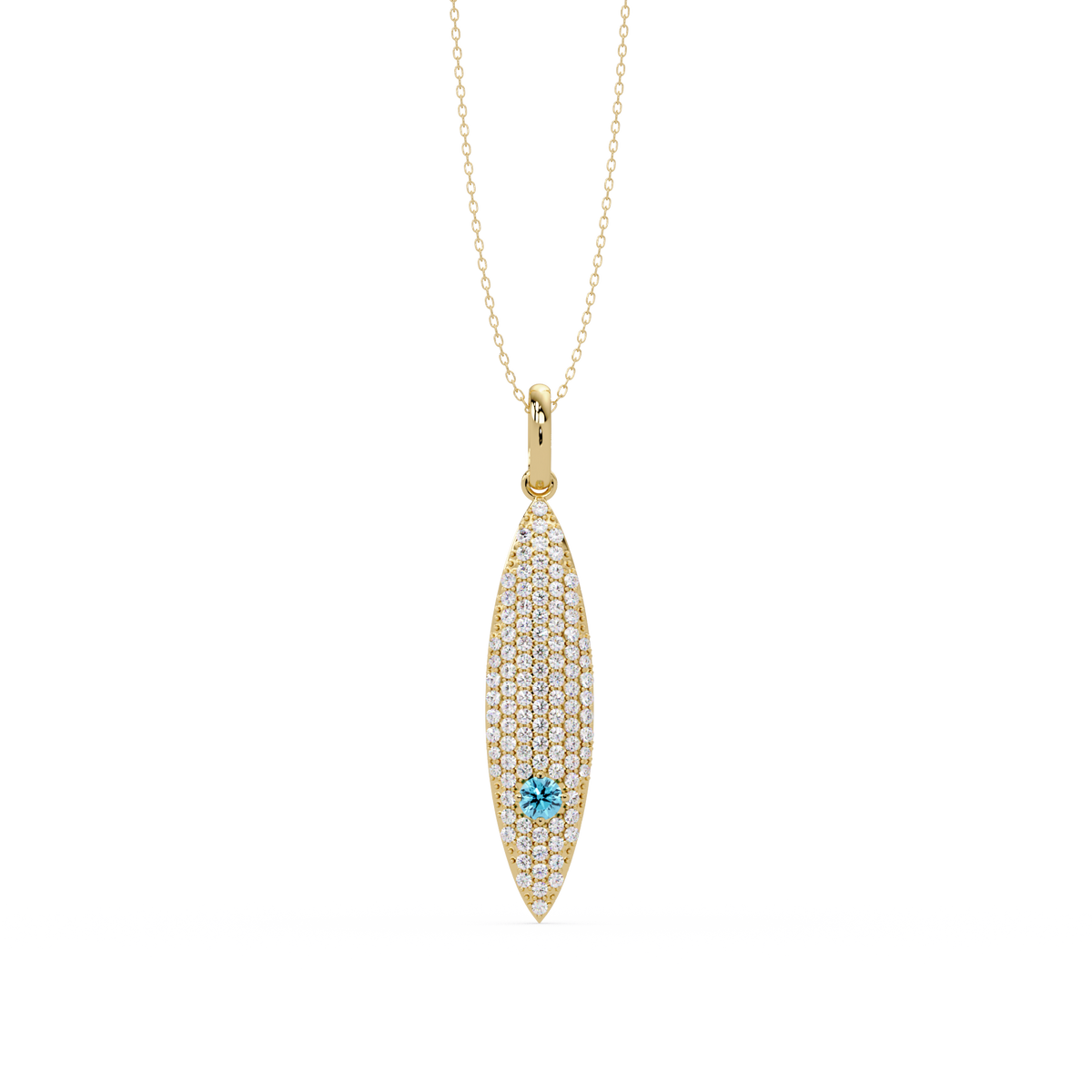 0.8 CTW Round Pavé Marquise Leaf Colorstone Pendant Necklace — Aquamarine Sky Blue — 14K Yellow Gold