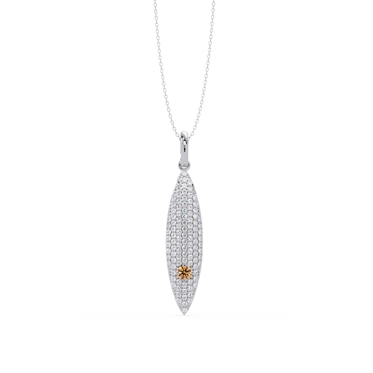 0.8 CTW Round Pavé Marquise Leaf Colorstone Pendant Necklace — Champagne Topaz Amber — 14K White Gold