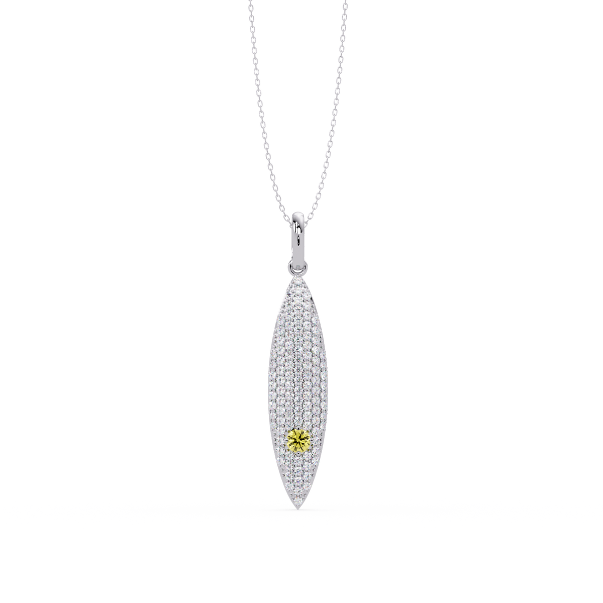 0.8 CTW Round Pavé Marquise Leaf Colorstone Pendant Necklace — Citrine Lemon Yellow — 14K White Gold