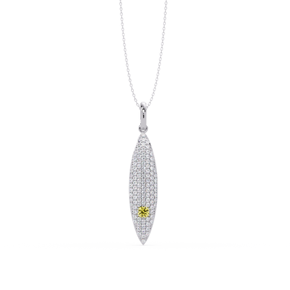 0.8 CTW Round Pavé Marquise Leaf Colorstone Pendant Necklace — Citrine Lemon Yellow — 14K White Gold