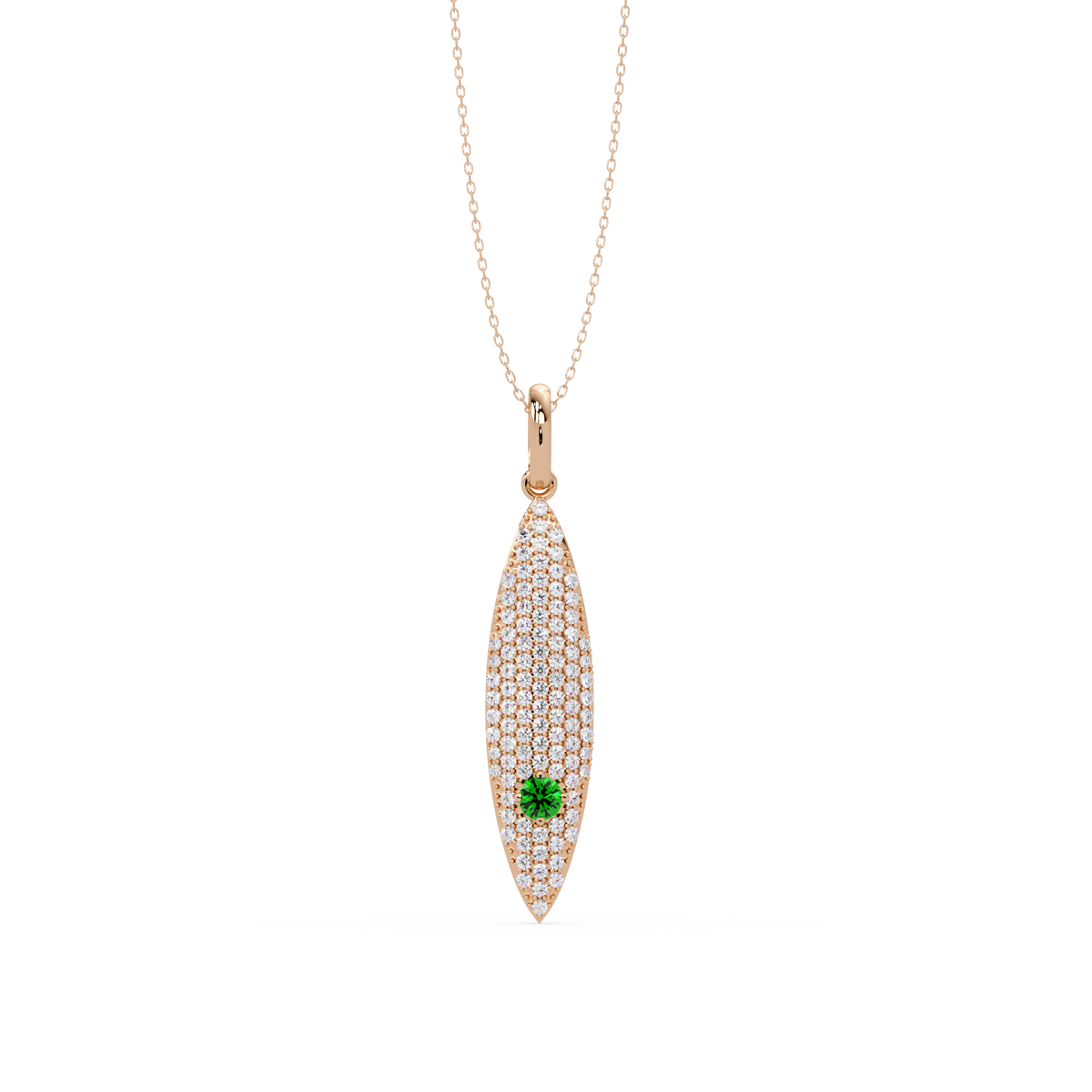 0.8 CTW Round Pavé Marquise Leaf Colorstone Pendant Necklace — Emerald Deep Green — 14K Rose Gold